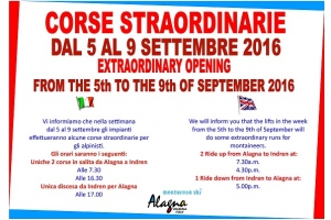 Corse straordinarie dal 5 al 9 settembre 2016 sugli impianti della tratta Alagna-Indren 